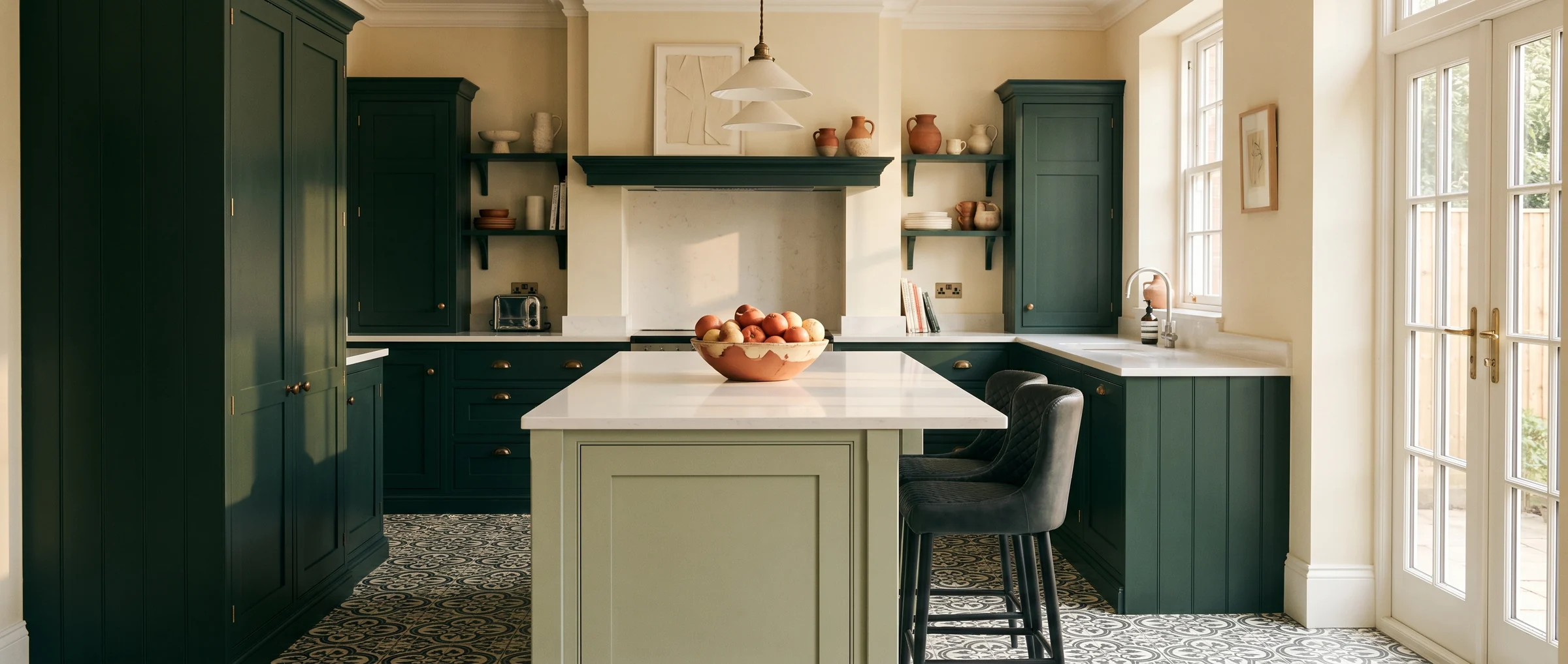 An olive green shaker kitchen with a central island and daylight through tall doors
