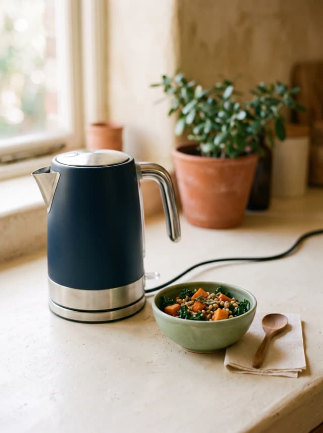 A navy kettle beside a small sage bowl