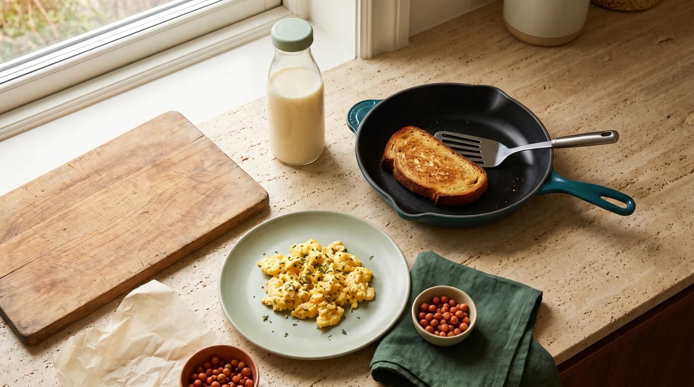 A teal skillet with toast, a spatula and eggs on a stone counter