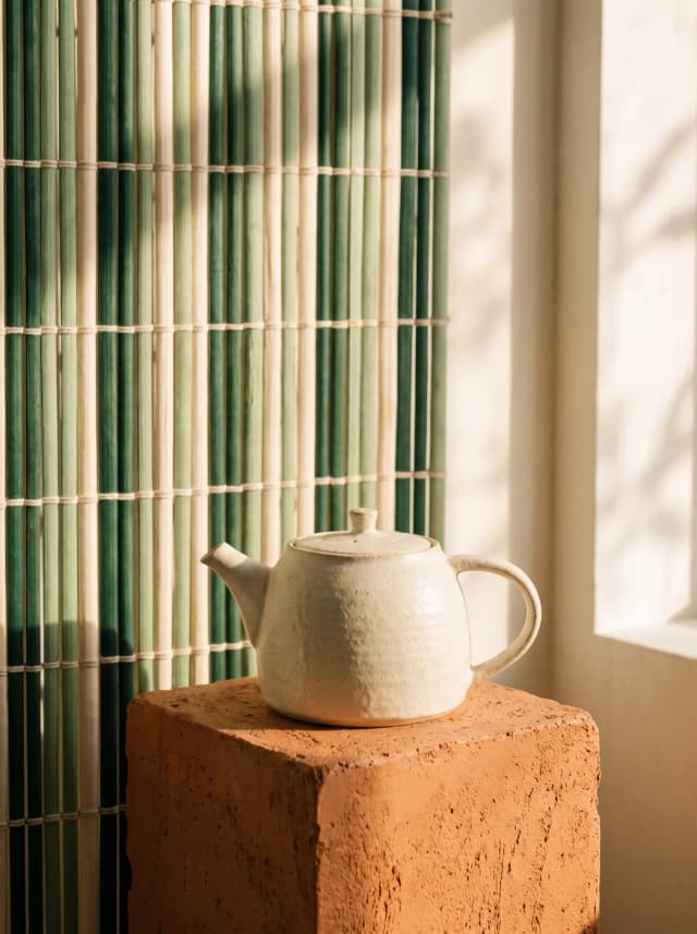 A cream teapot on a terracotta plinth