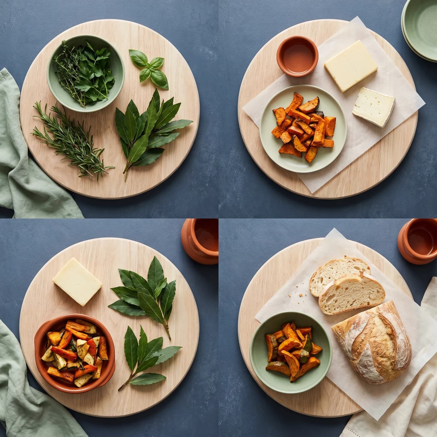 Four round pale wooden chopping boards in a grid