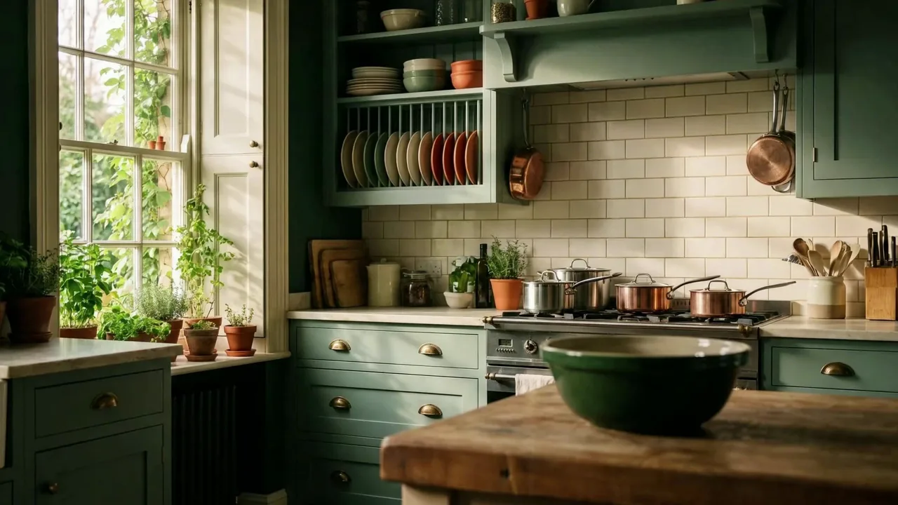 A sage-green period kitchen in morning light, herbs on the windowsill and copper pans on the range