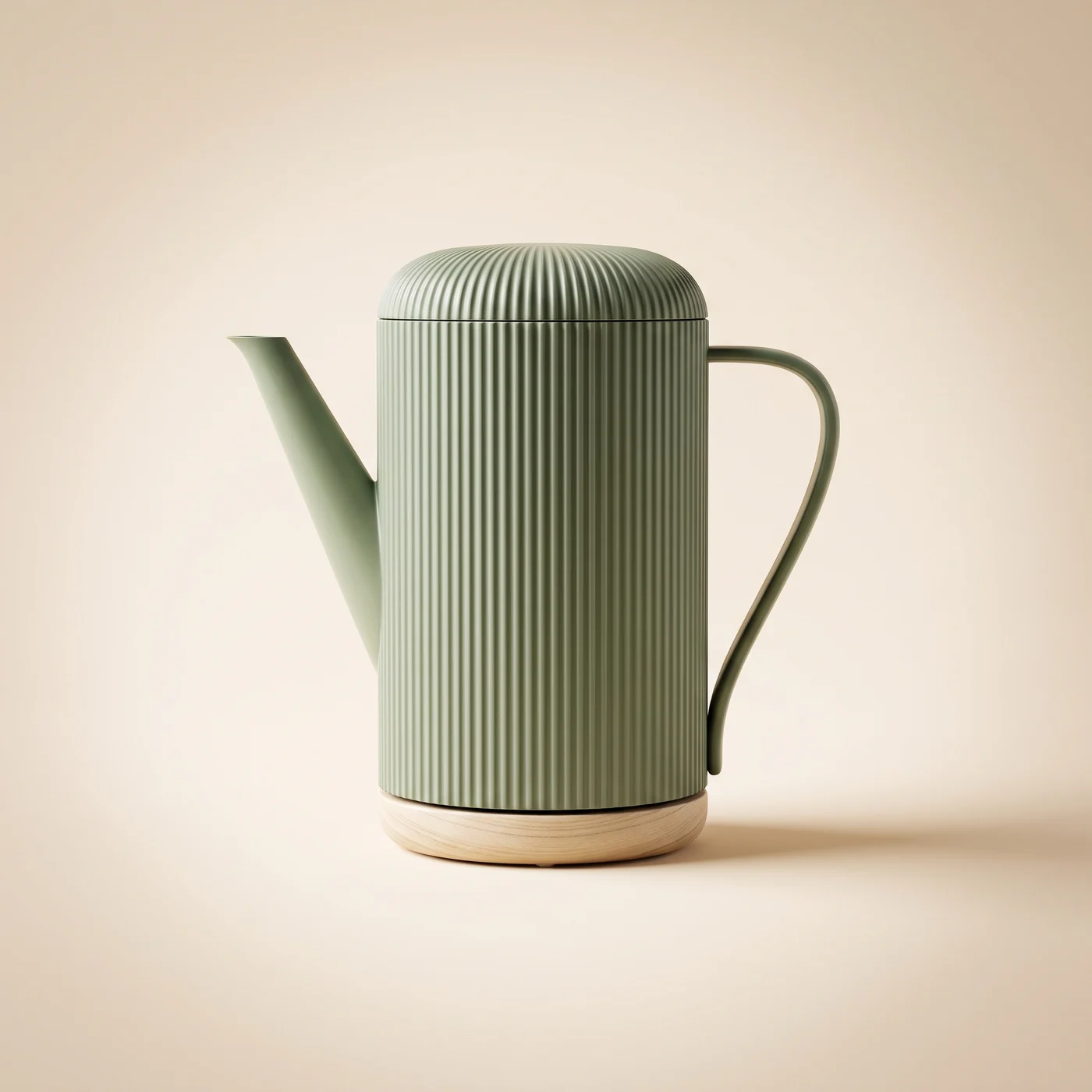 A sage green ribbed electric kettle on a pale ash wood base