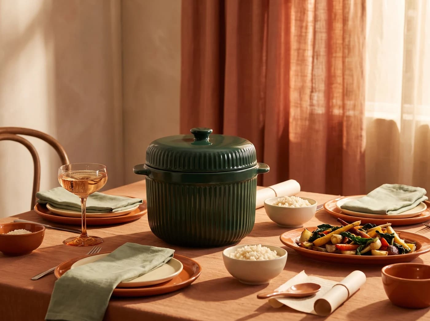 A deep green ribbed rice cooker on a terracotta table setting