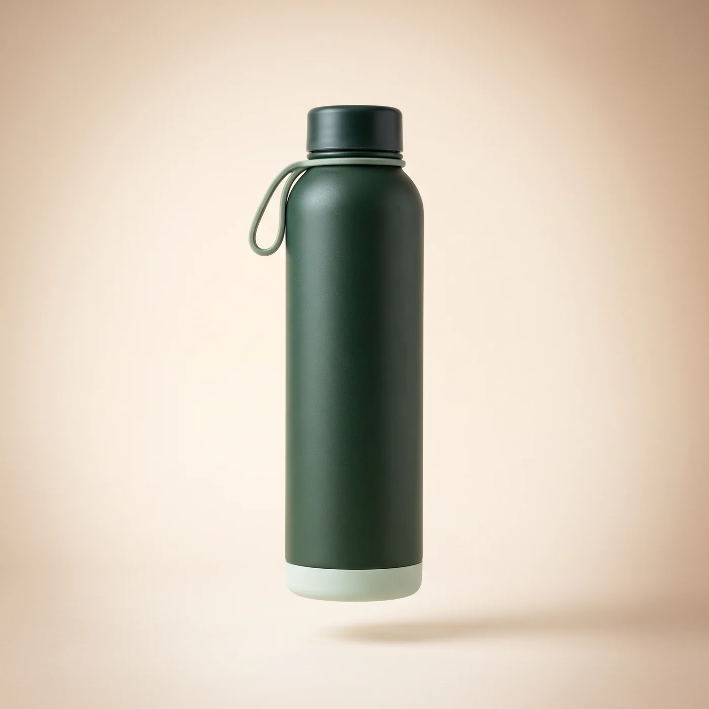 A deep green insulated drinks bottle with a moulded carry loop