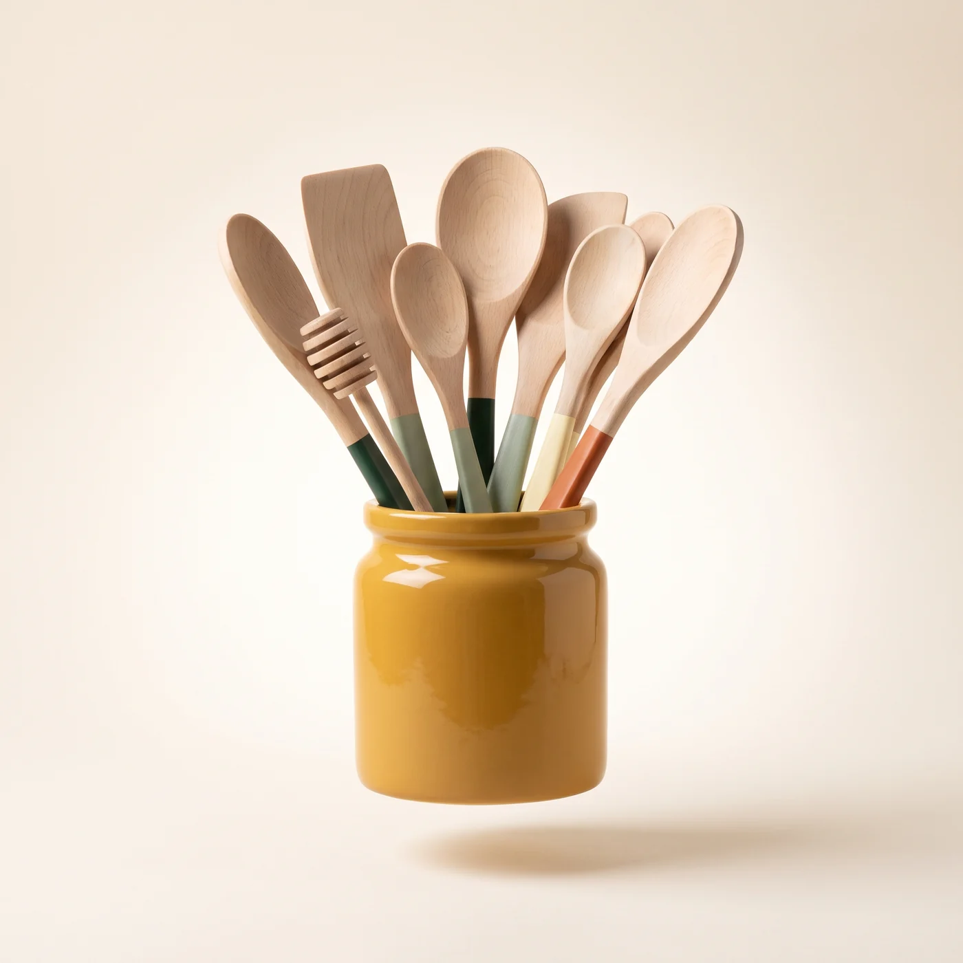 A mustard yellow ceramic crock holding wooden spoons and spatulas