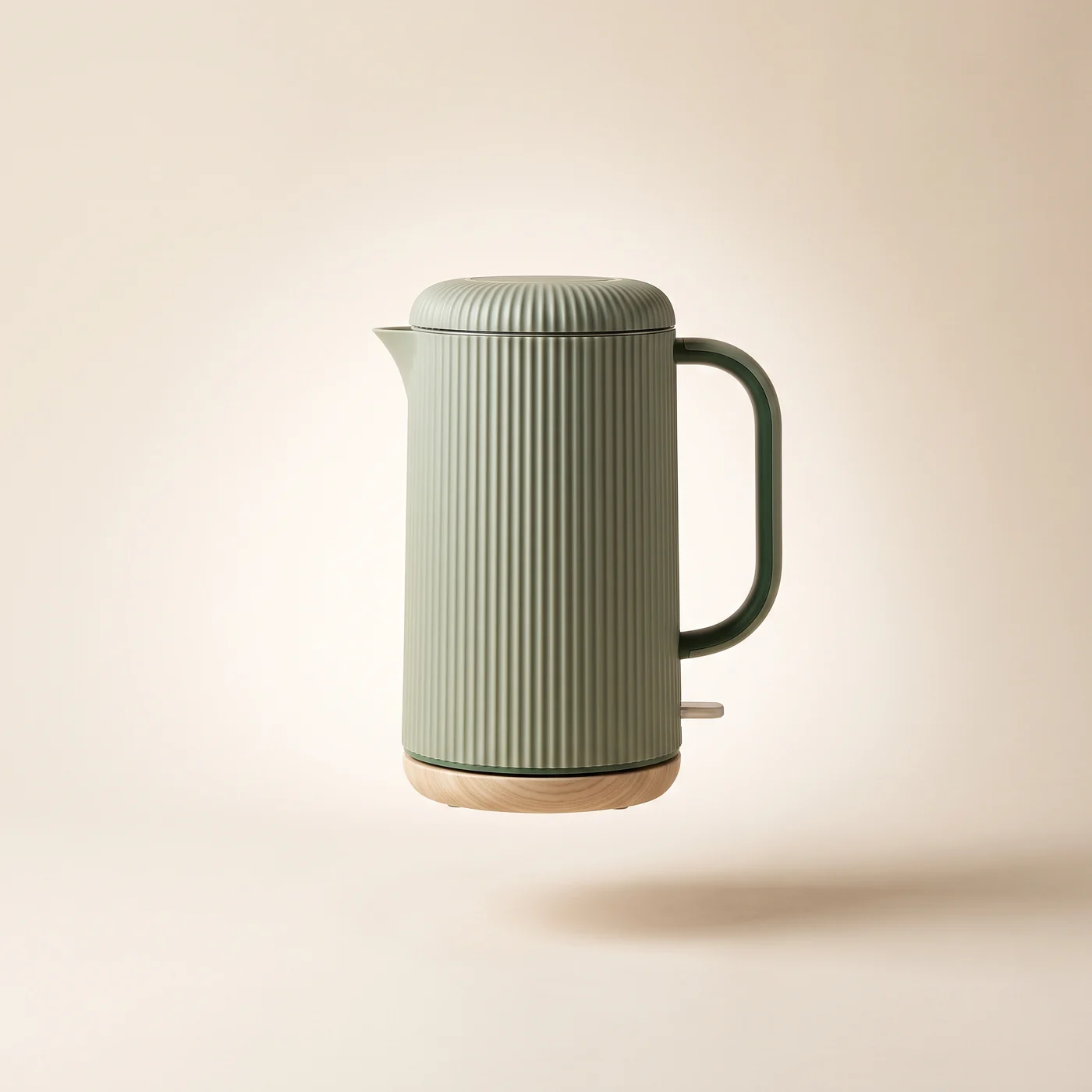 A sage green ribbed electric kettle on a pale ash wood base