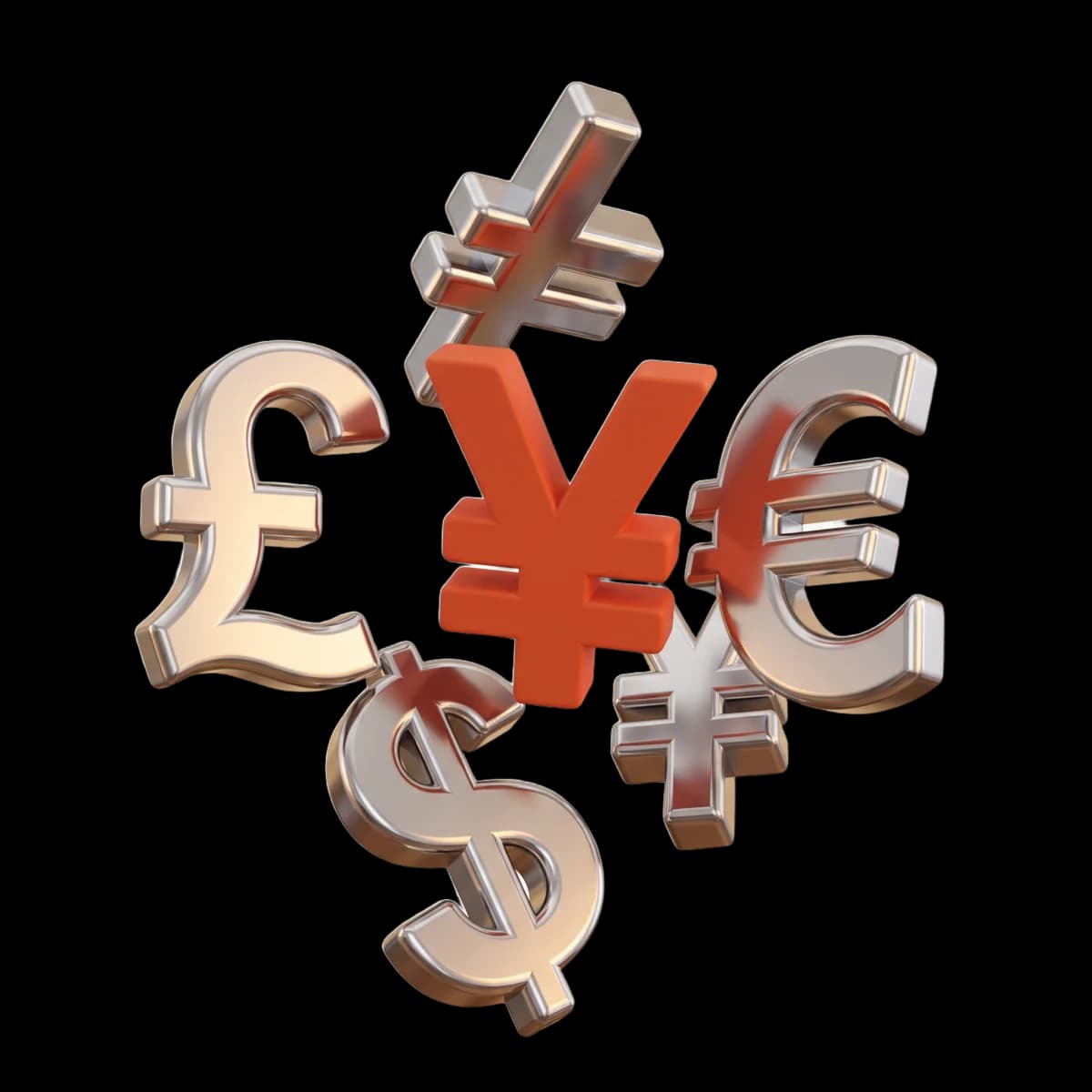 Chrome pound, euro, dollar and yen symbols orbiting in mid air