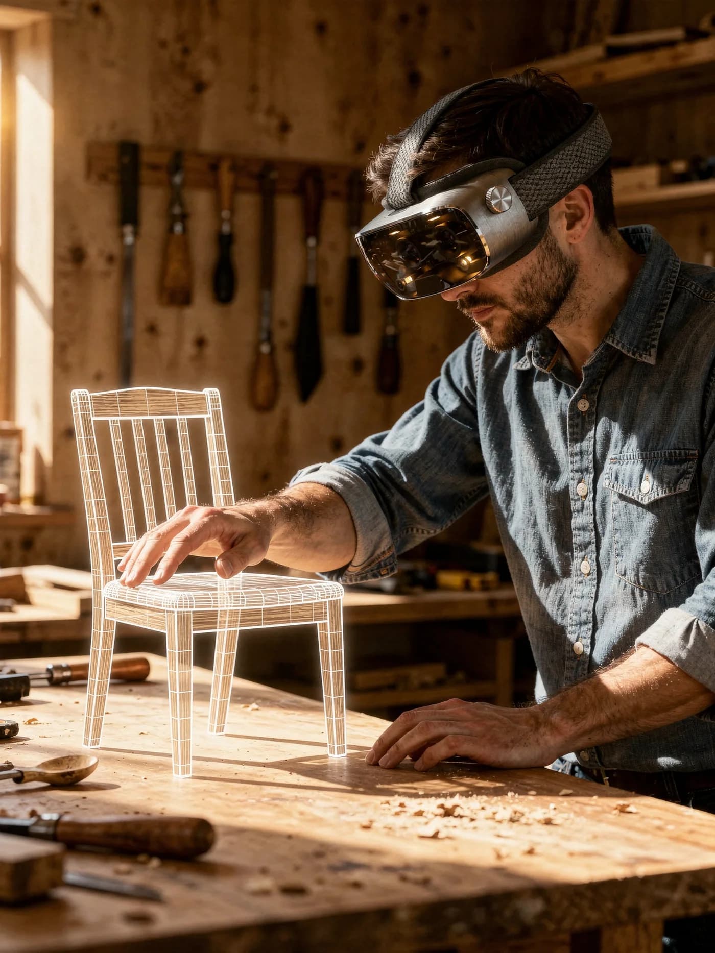 A furniture maker in a workshop wearing Lucid One, a holographic chair floating above the bench