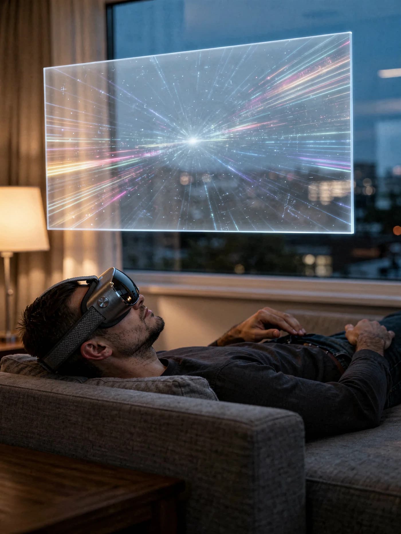 A man on a sofa at dusk wearing Lucid One, looking up at a vast floating screen