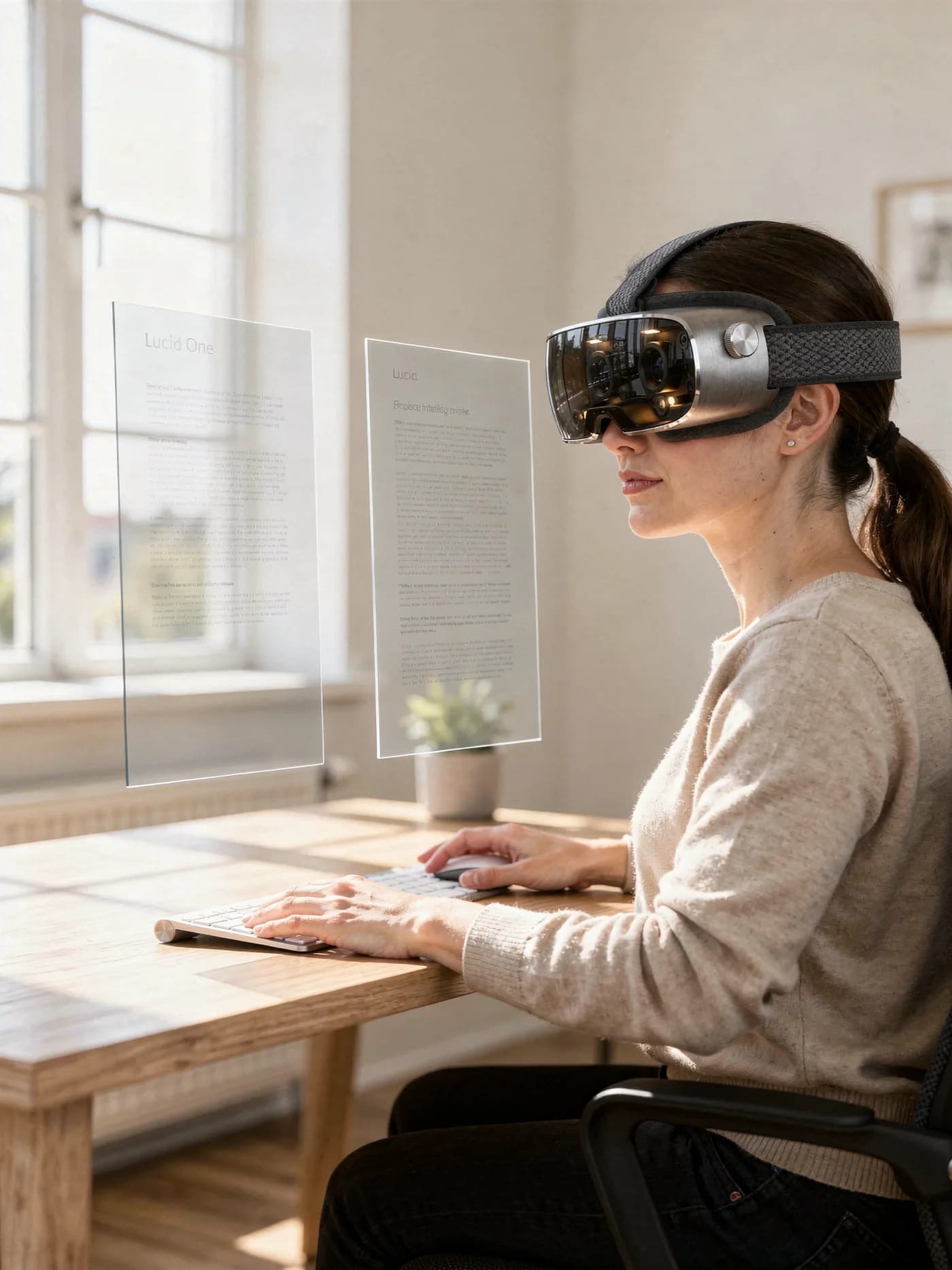 A woman at a pale oak desk wearing Lucid One, three translucent panels floating in front of her