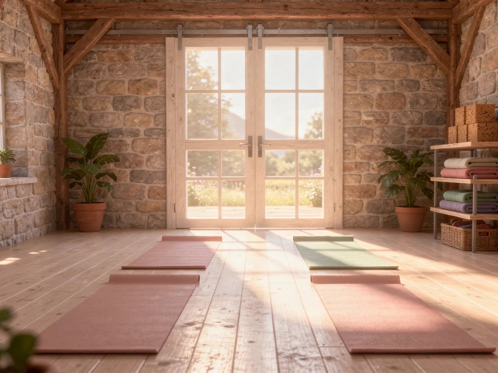 The barn studio: six mats on a pale wooden floor, sun through the glass doors