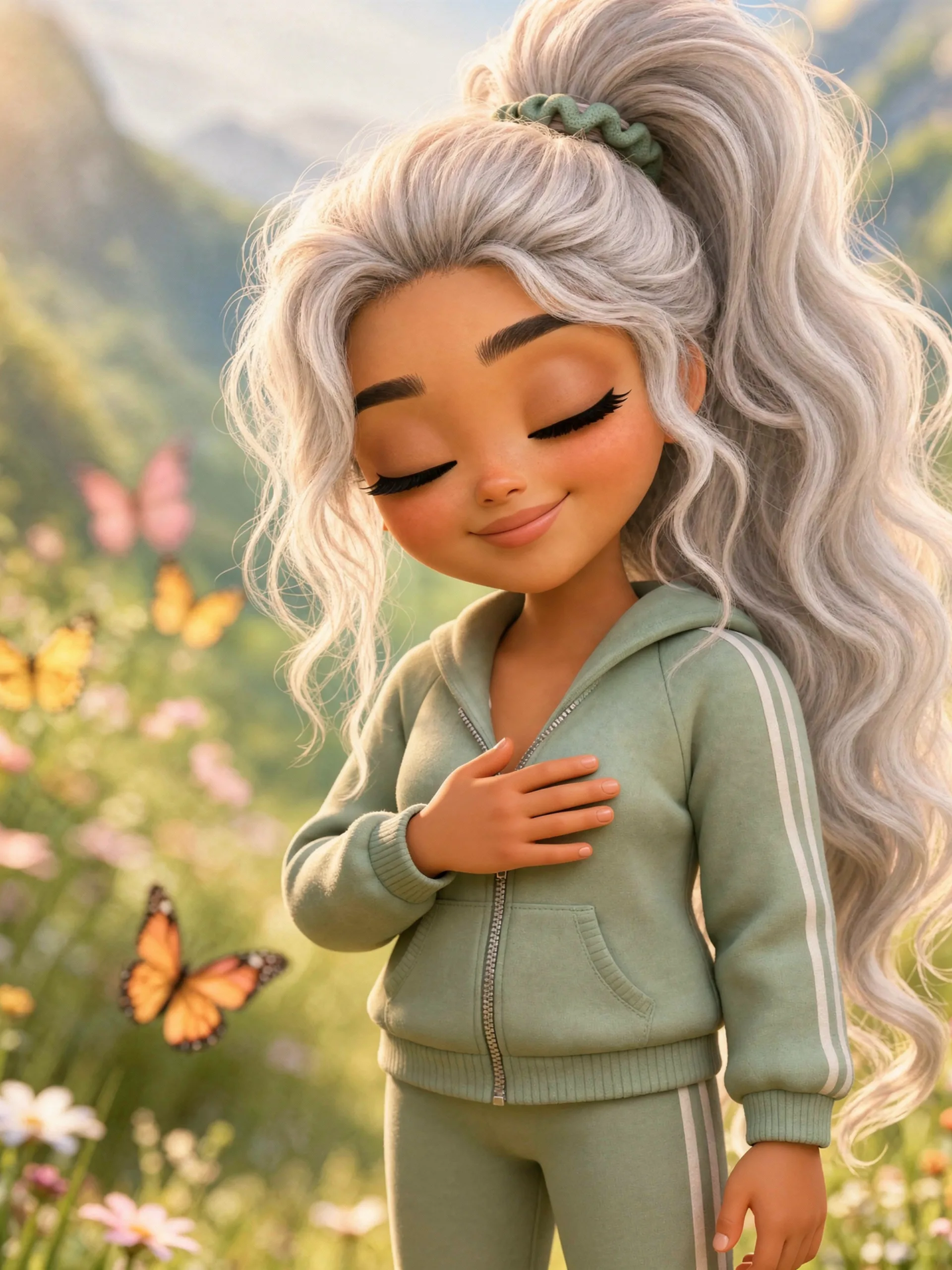 Jessica with her eyes closed and a hand on her chest, morning light on her face
