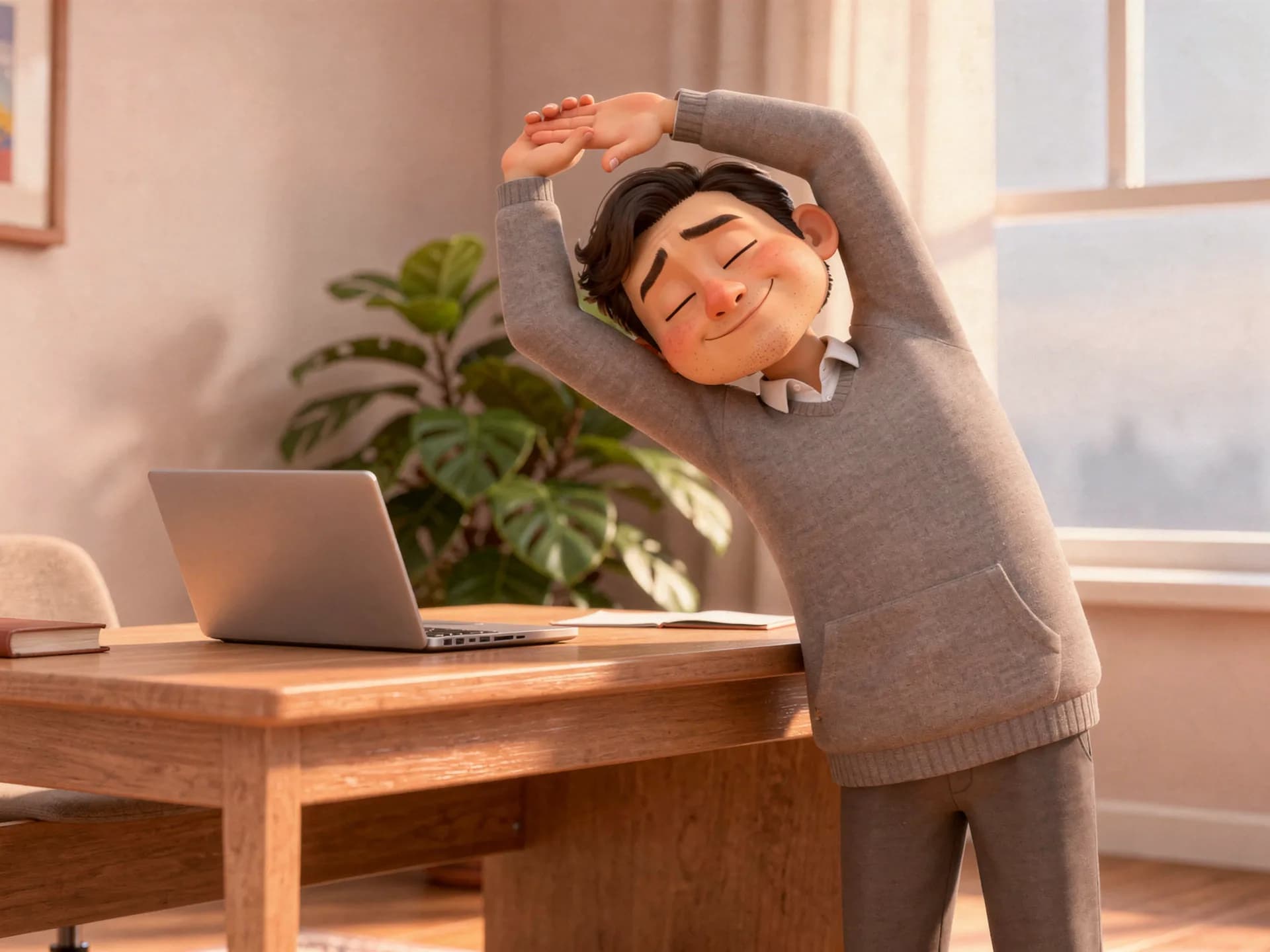 A person stretching beside a desk in a bright room, laptop closed