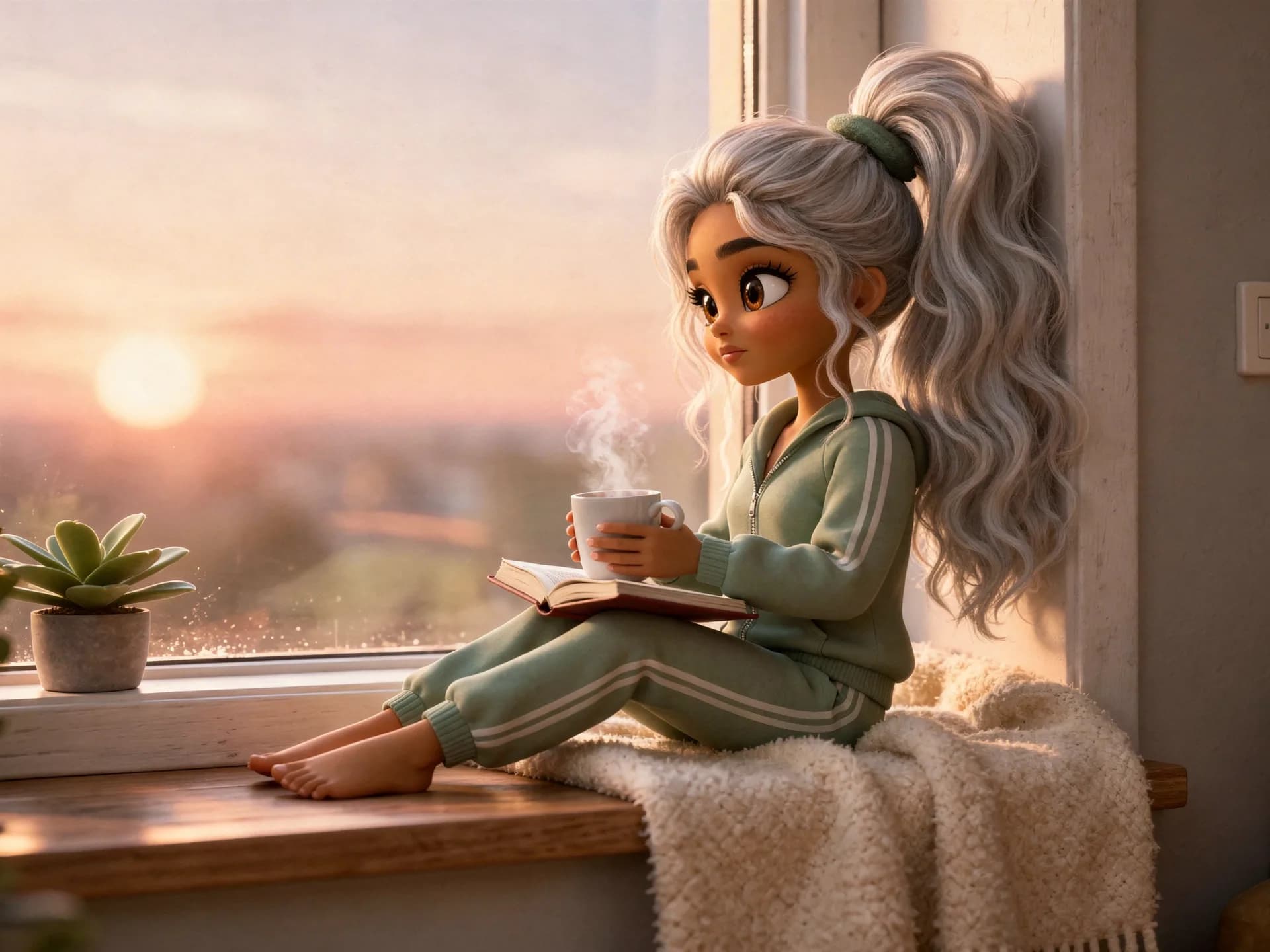Jessica by a window at first light with a cup of tea and an open journal