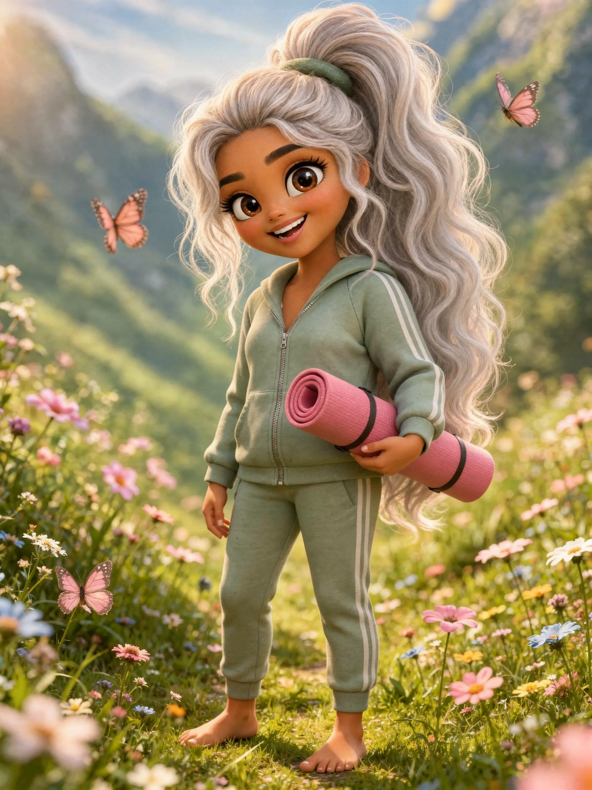 Jessica laughing in the meadow with a rolled yoga mat under one arm
