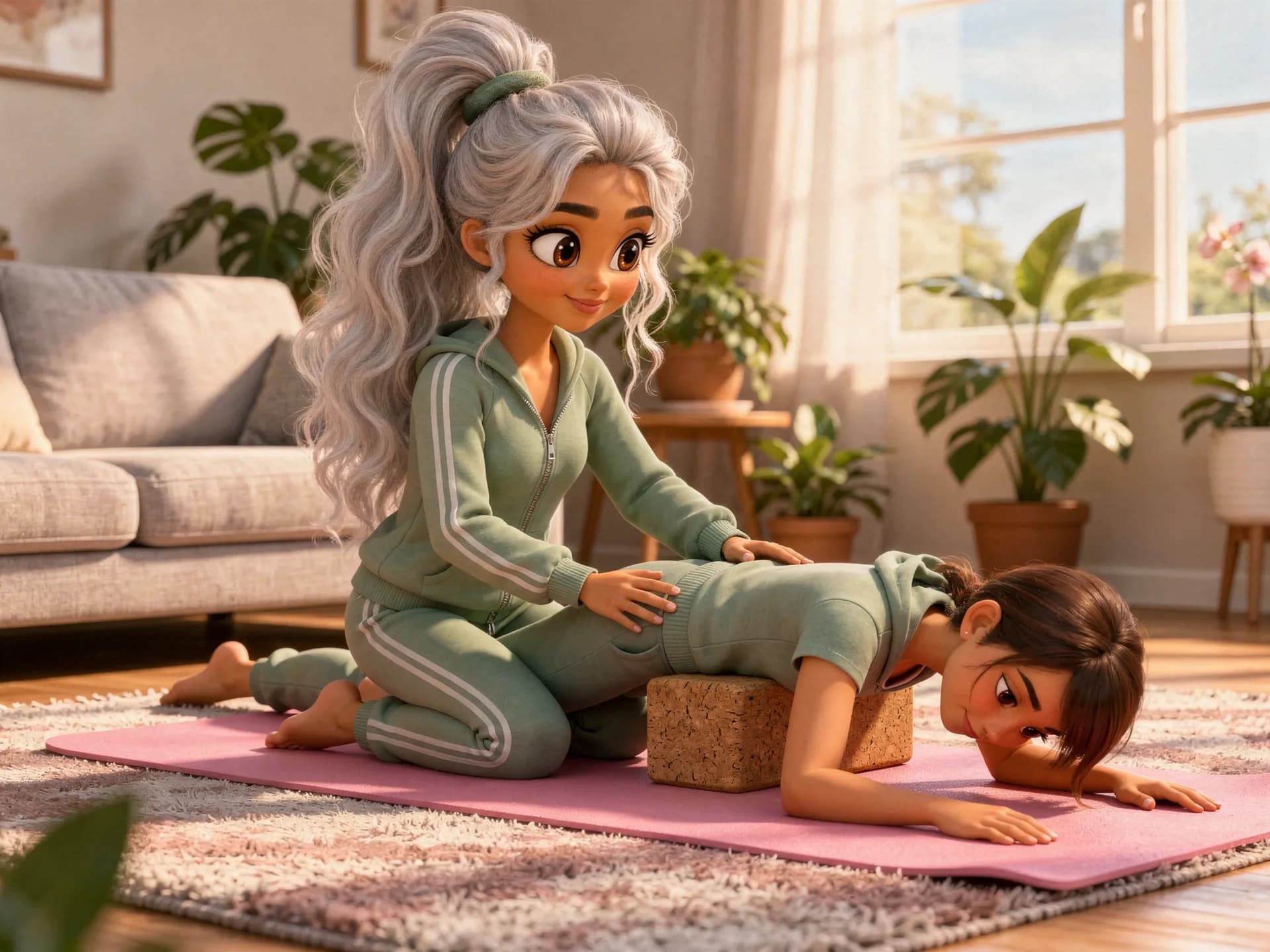 Jessica kneeling beside a client resting in a supported child's pose in a sunlit living room