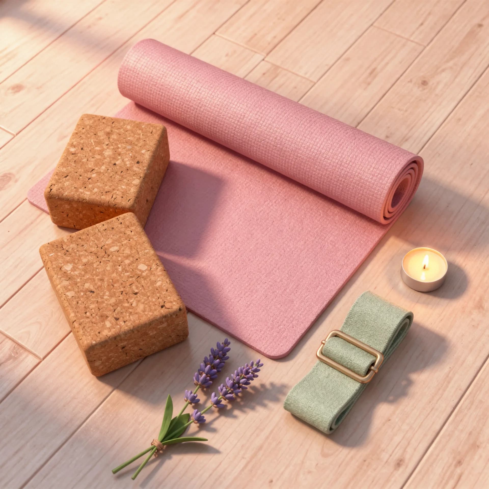 A rolled mat, cork blocks, a strap and a candle on wooden boards