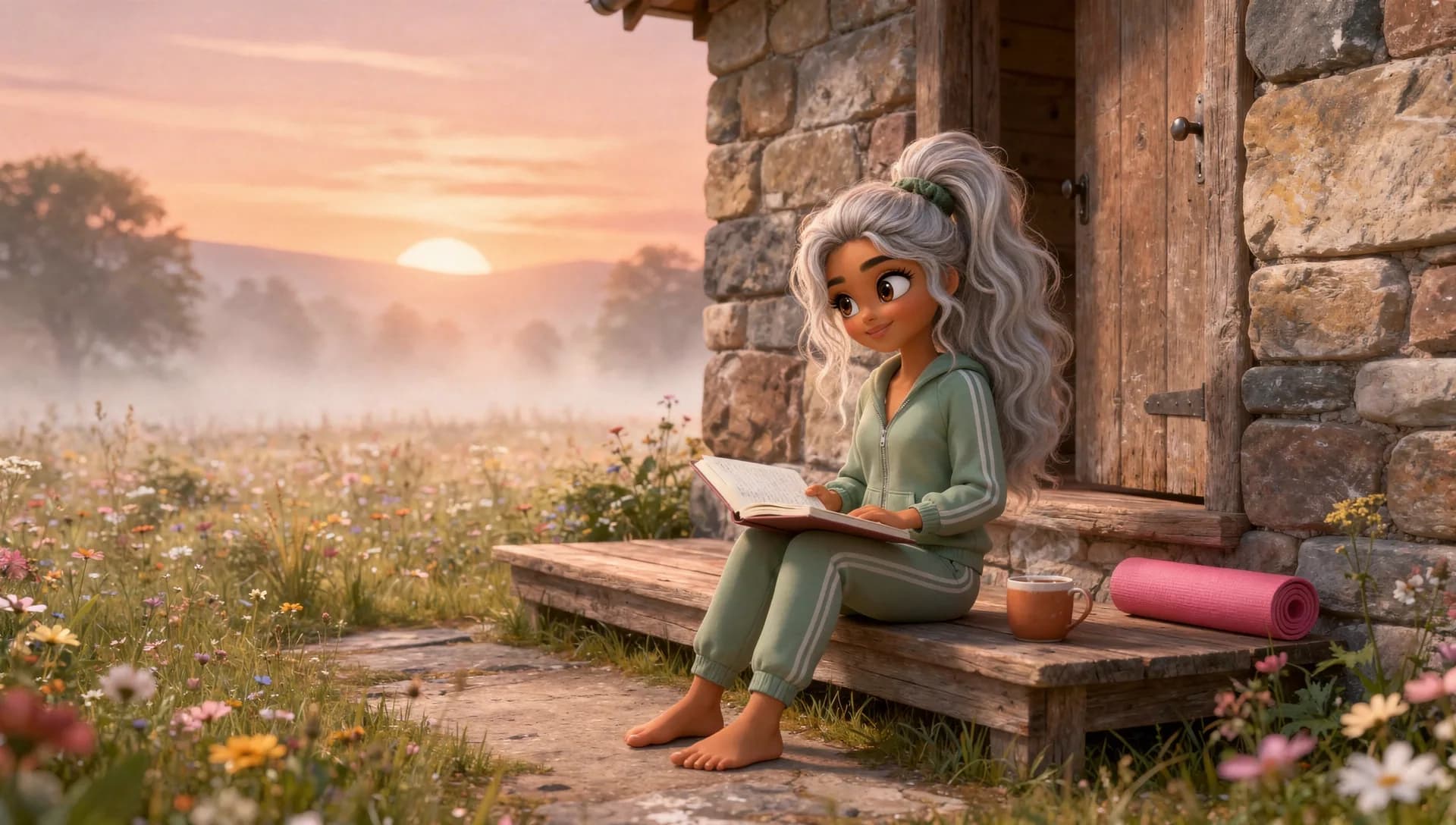 Jessica sitting on a wooden step at sunrise with a journal and a cup of tea