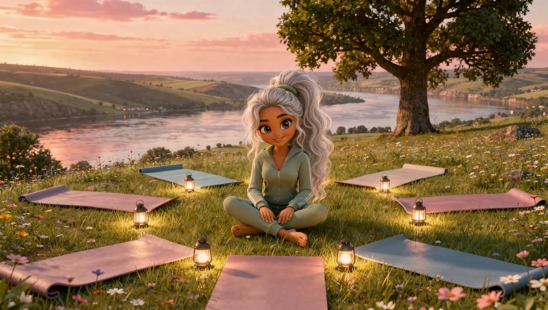 Mats in a circle in the meadow at dusk with lanterns, Jessica seated at the head