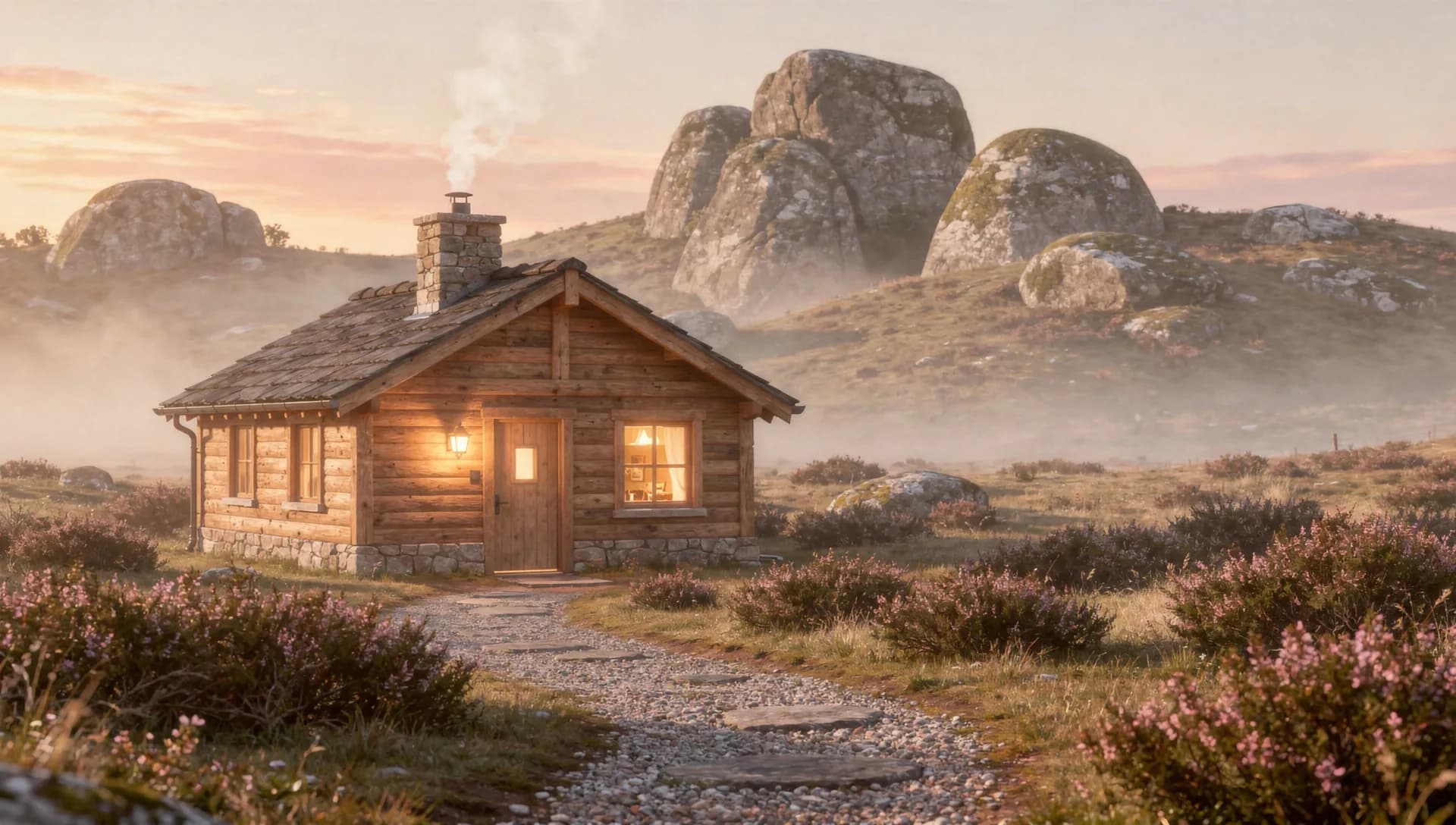 A timber lodge on the moor in morning mist, warm light in the windows