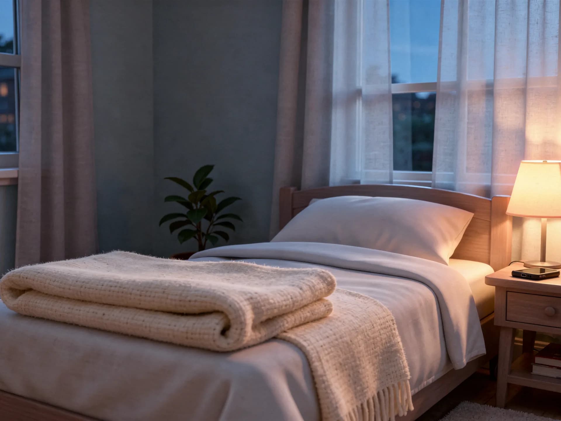 A dim bedroom at dusk, a lamp on, a folded blanket at the foot of the bed