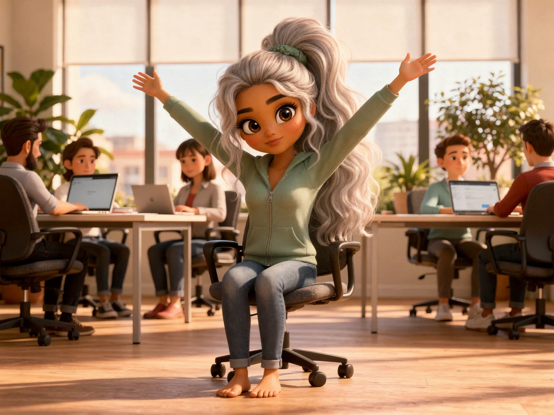 Jessica leading a seated stretch for a team in a bright open-plan office