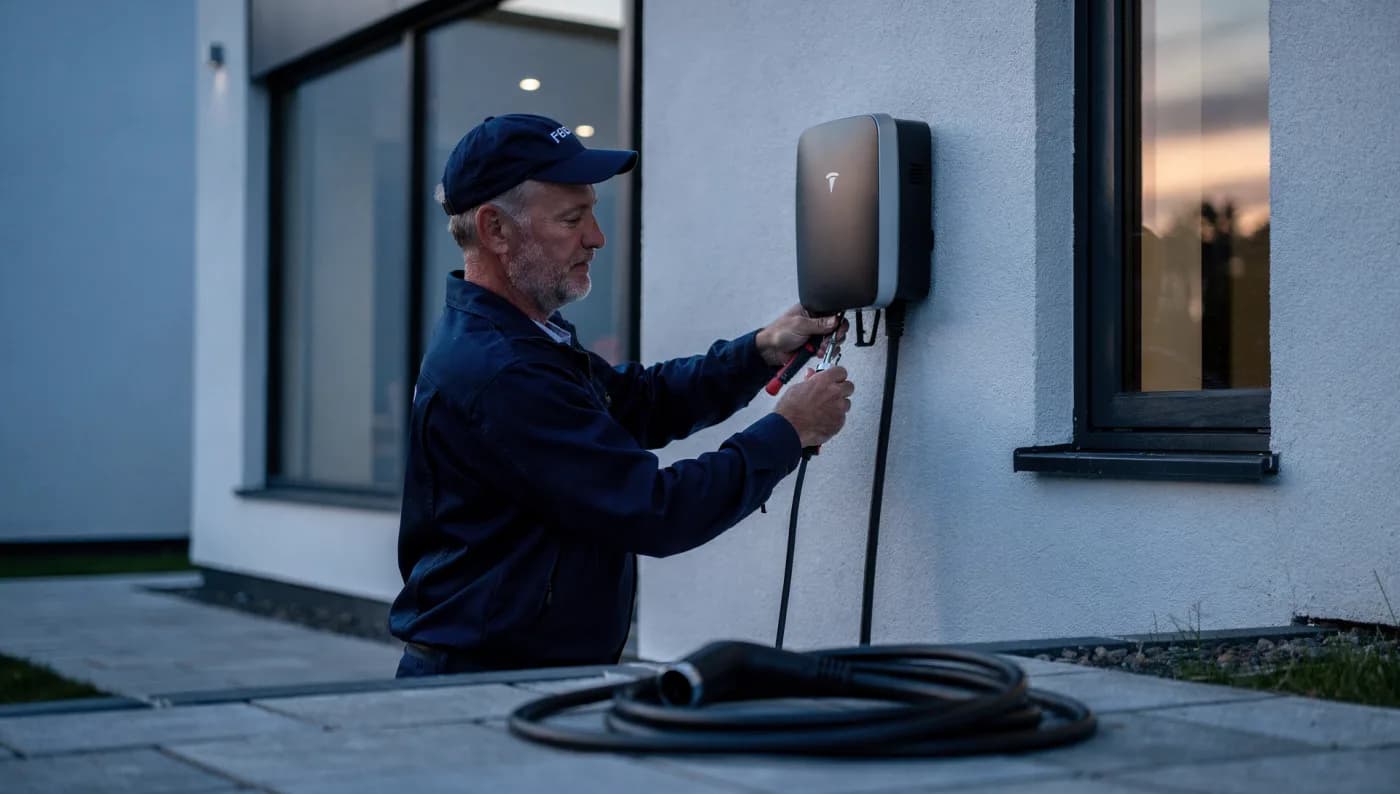 An electrician installing a wall-mounted EV charger at dusk