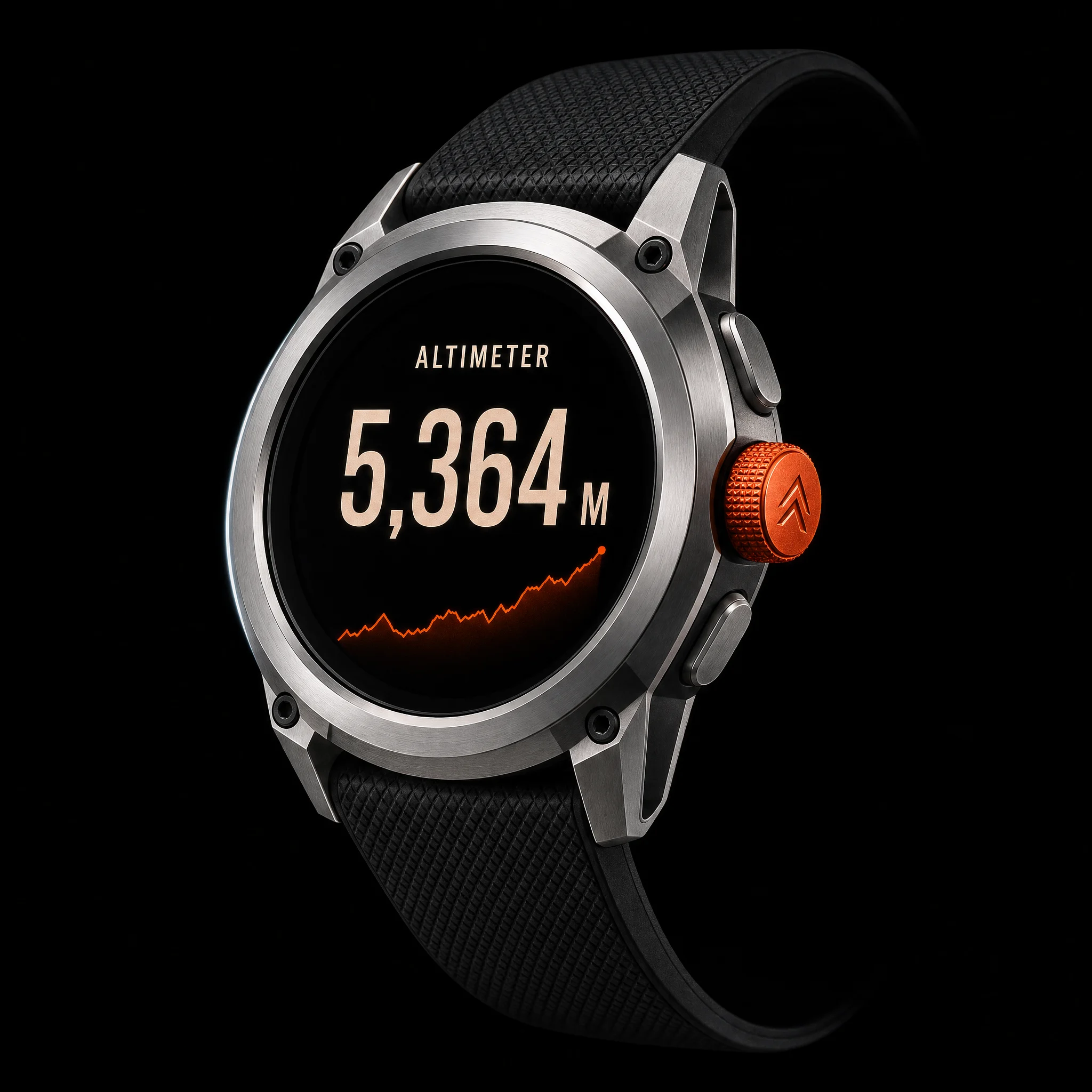 ALTRIX Summit Series 03 with the basalt black vulcanised strap, titanium case, altimeter reading 5,364 m.