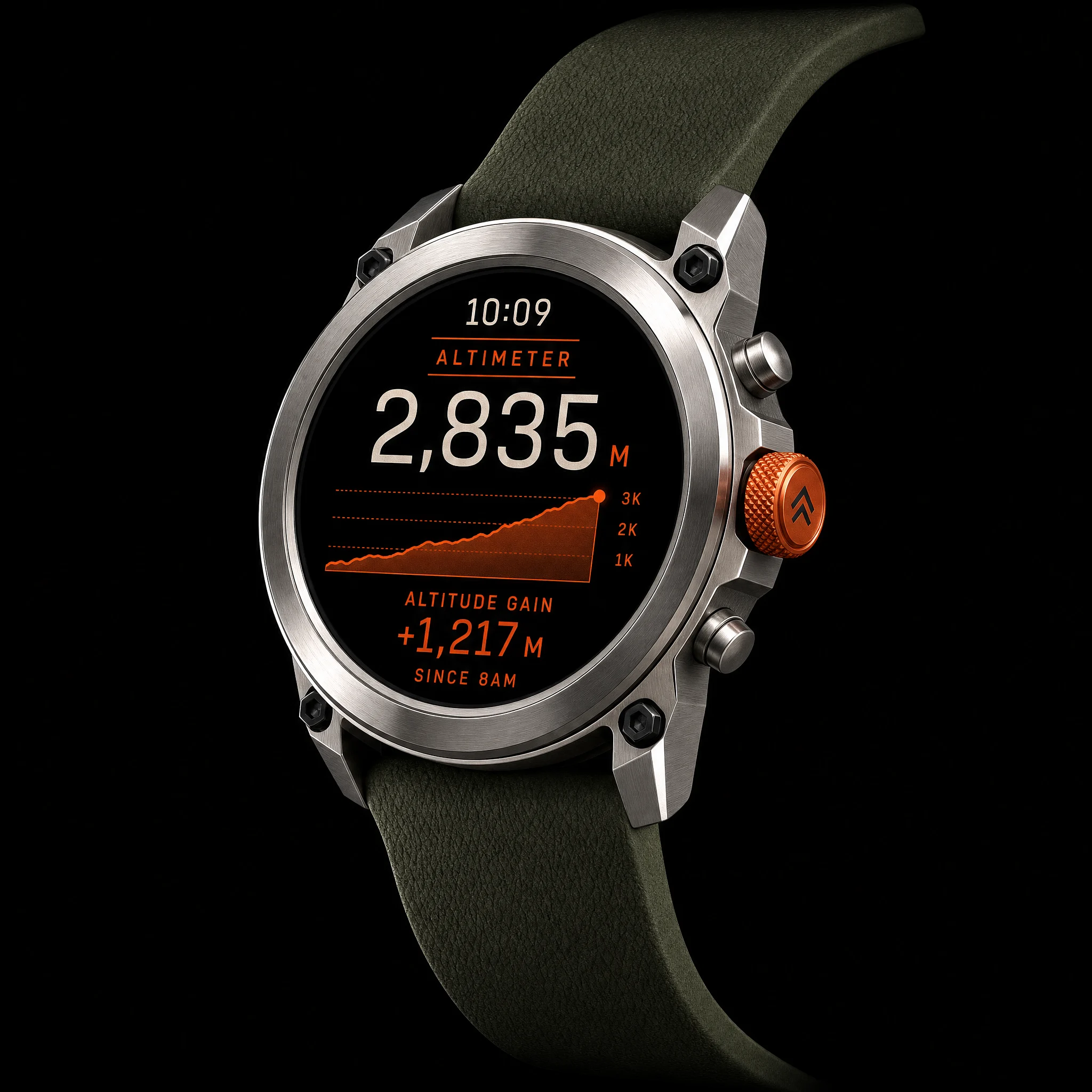ALTRIX Summit Series 03 with the alpine olive full-grain strap, titanium case, altimeter reading 2,835 m.