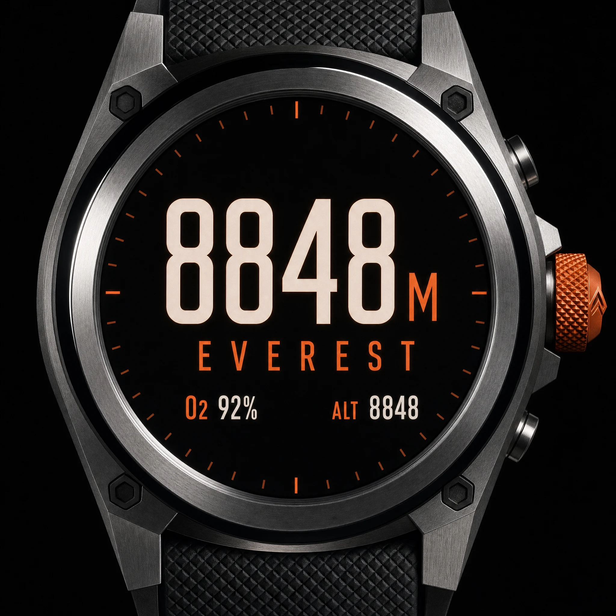 The ALTRIX dial straight on, reading 8848 M above the word EVEREST, with O₂ 92% and ALT 8848 on the lower rim.