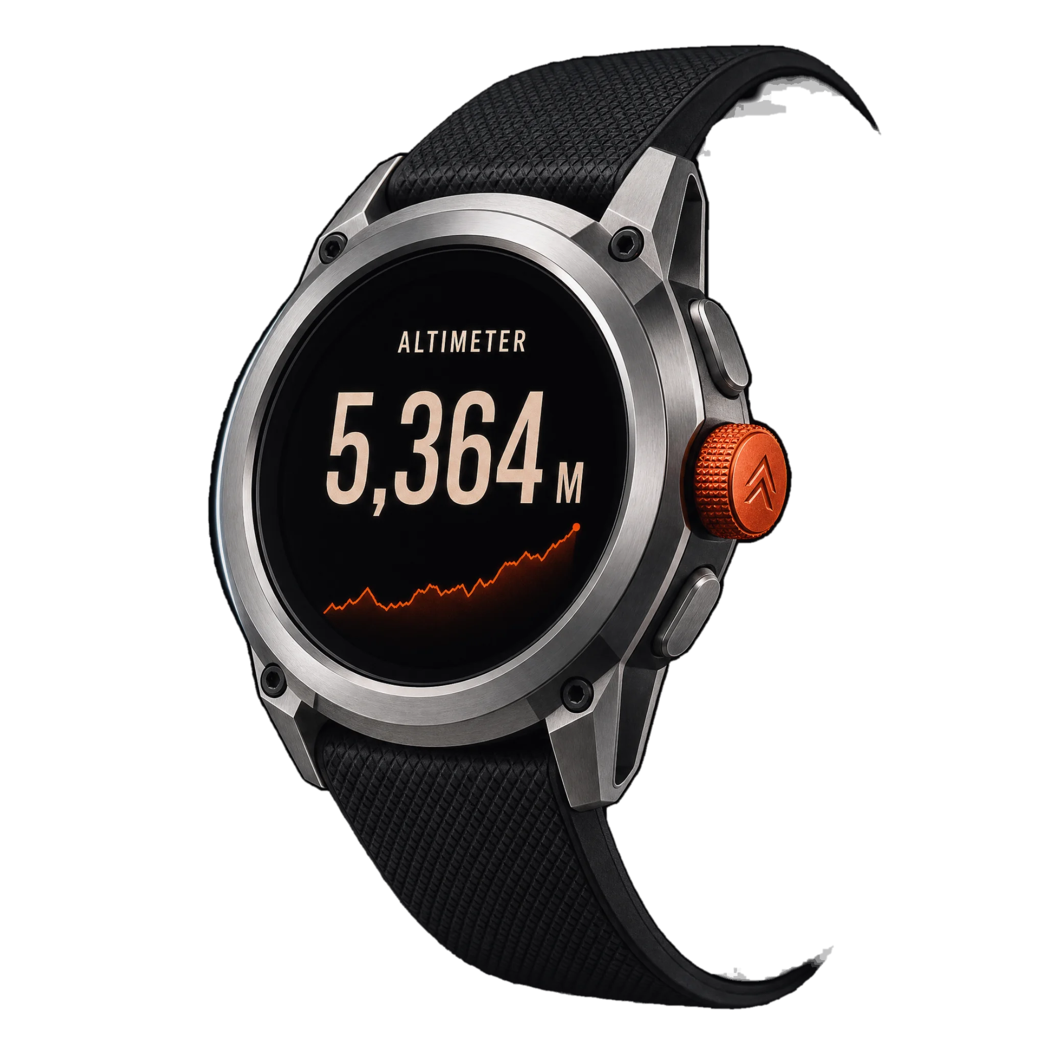 The ALTRIX Summit Series 03 expedition watch, titanium case and ember crown, its altimeter climbing.