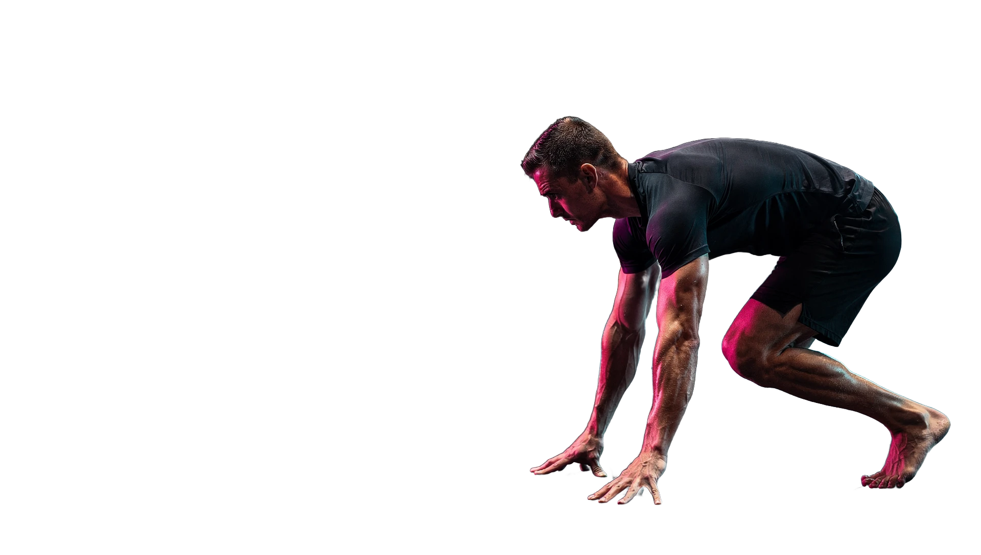 An athlete in the set position, lit magenta and cyan