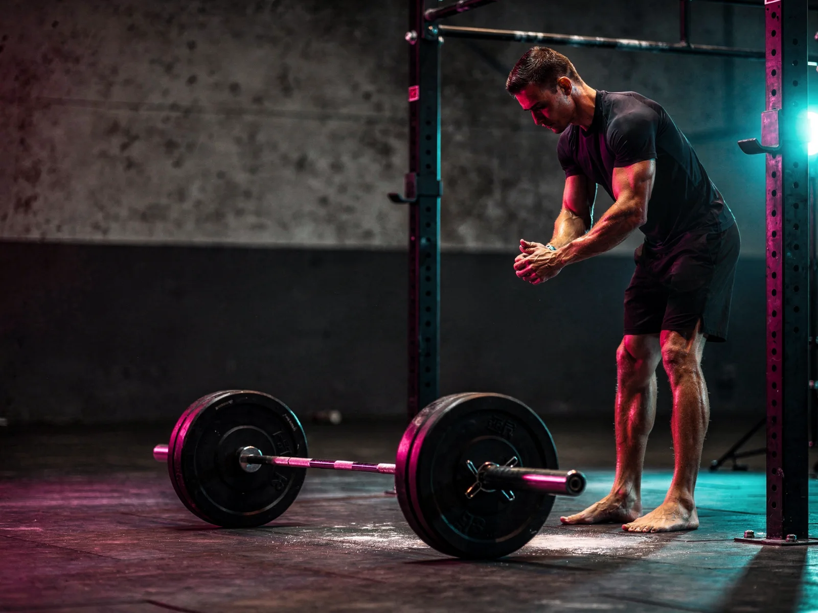 An athlete chalking up at the rig in a dark industrial unit