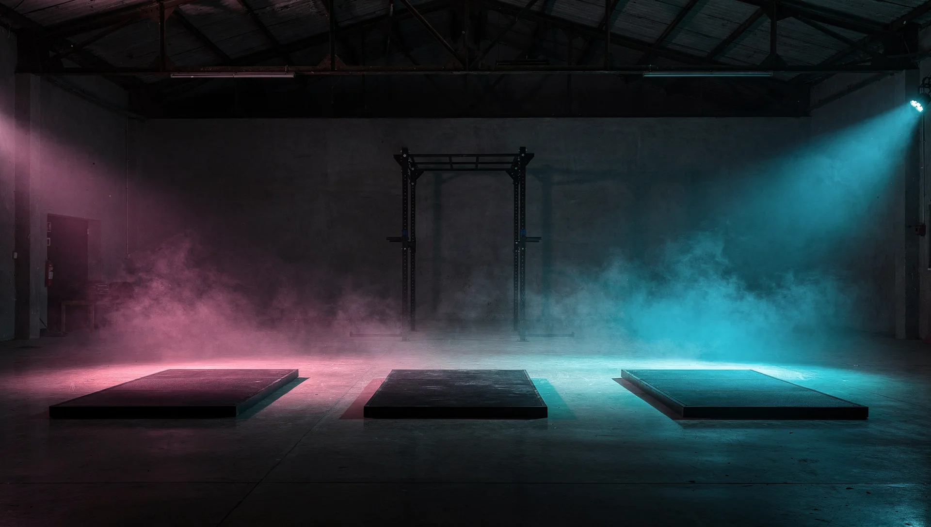 The training floor under the roof lights, platforms in a row
