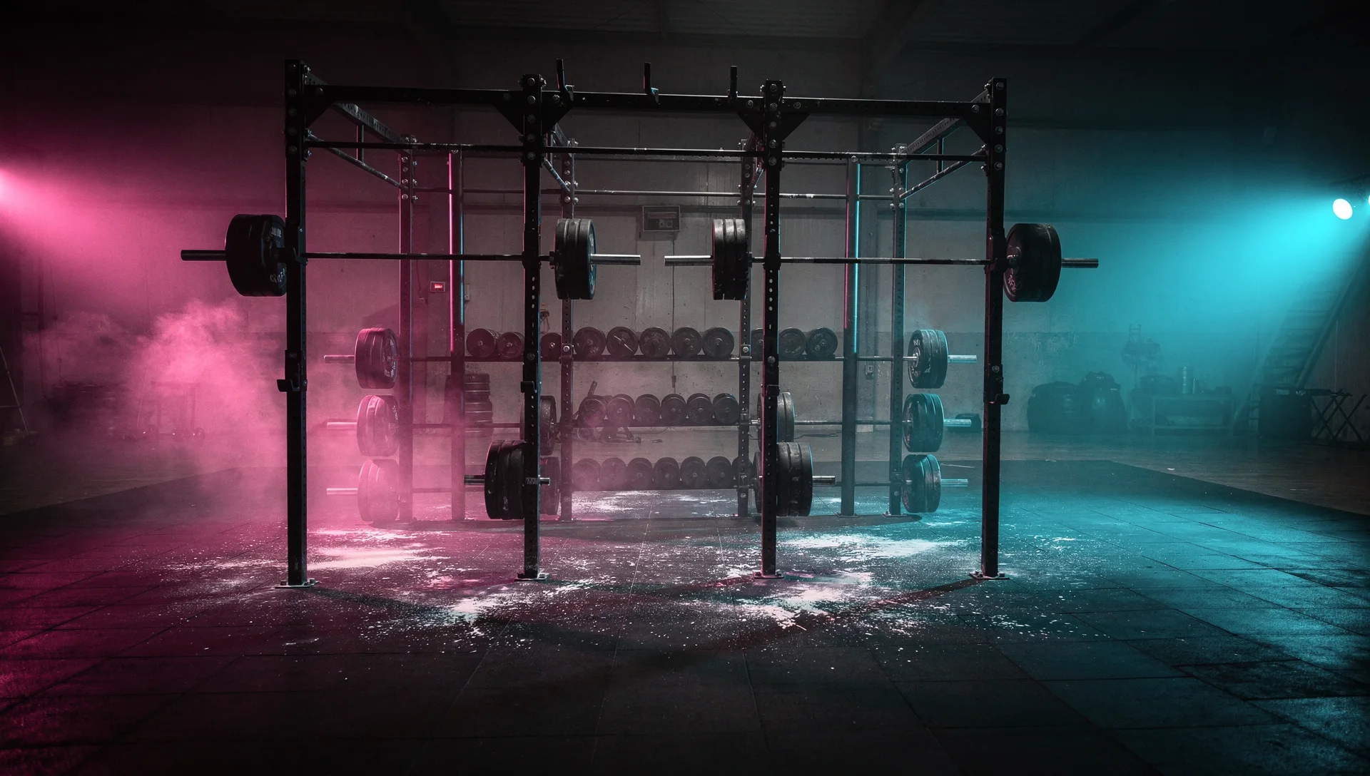 The welded rig lit magenta from one side and cyan from the other